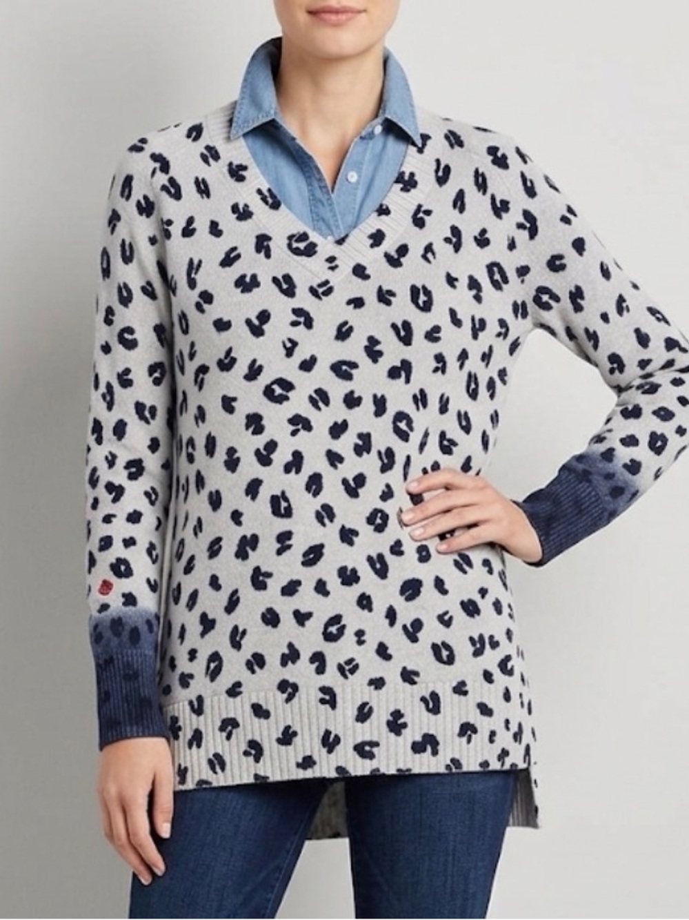 Nic + Zoe Leopard Print V Neck Pullover Sweater With Red Heart Detail